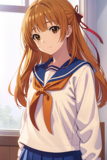 akemisumizome, <lora:akemi sumizome s1-lora-nochekaiser:1>,
akemi sumizome, long hair, orange hair, (brown eyes:1.7), ribbon, hair ribbon, bangs, blunt bangs, hime cut, smile,
BREAK skirt, school uniform, serafuku, blue sailor collar, shirt, white shirt, long sleeves, blue skirt, neckerchief, red neckerchief,
BREAK indoors, classroom,
BREAK looking at viewer, (cowboy shot:1.5),
BREAK <lyco:GoodHands-beta2:1>, (masterpiece:1.2), best quality, high resolution, unity 8k wallpaper, (illustration:0.8), (beautiful detailed eyes:1.6), extremely detailed face, perfect lighting, extremely detailed CG, (perfect hands, perfect anatomy),