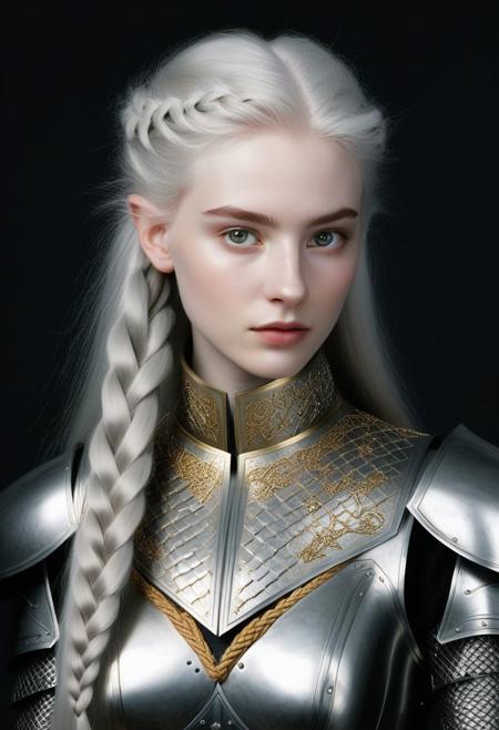 1girl 18 yeas, elf, slender, pale skin, goosebumps, very long gold and silver hair, triple braids,  light grey eyes, (small pointed ears:1.3),
Milanese plate armor, black gauntlets, dnd character portrait, intricate, analog photograph, masterpiece, expertly crafted, incredibly detailed, 8k resolution, 
 (By Alice Pasquini, by Aliza Razell:0.8), low angle shot, Cinematic Hollywood Film style a young woman, 18, sensually dynamic pose ,
