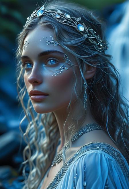 Eliara Moonshadow is a striking figure with a timeless grace that whispers of her ancient lineage. Her skin is the soft hue of moonlit ivory, unblemished by the ravages of time, and her long, wavy hair cascades down her back in a waterfall of silver-blue, a color so ethereal it seems to change with the light. Her eyes, those pools of ancient wisdom, are the vibrant blue of a clear twilight sky, filled with a gentle warmth that belies the depth of her knowledge. Her face is square with a triangular pointy jaw, framing a countenance that is both sharply defined and delicately softened by high cheekbones. Her nose is a perky button, a charming contrast to the angular lines of her face, and her full lips often curve into a knowing smile that plays at the corners, hinting at secrets untold. Despite her age, she exudes a youthful energy, her movements as fluid as the dances of the wind through the leaves of the forest she calls home. Her attire is a tapestry of shimmering blues and silvers, adorned with intricate moon-themed embroidery that seems to glow with a soft luminescence. A delicate circlet of woven moonstones and silver vines sits upon her forehead, accentuating her regal demeanor