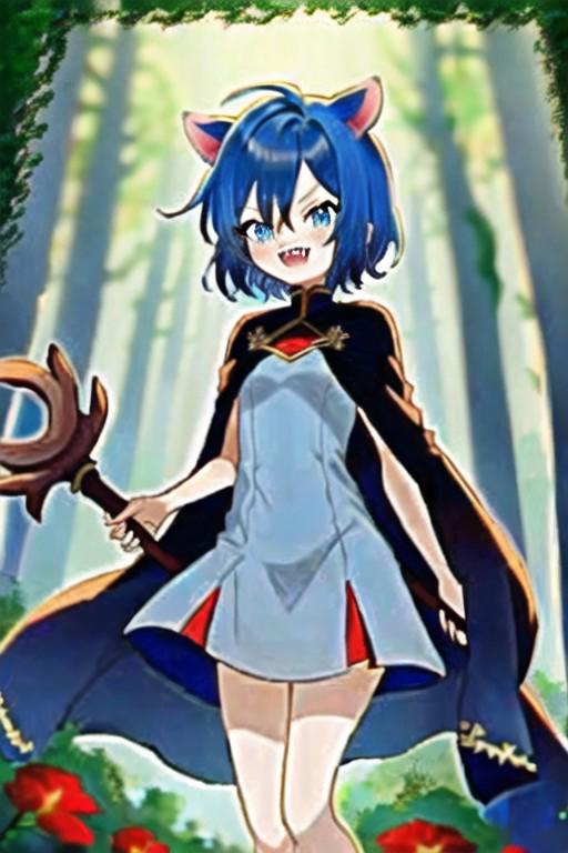 Anime, short hair, blue hair, red flower in hair, carrying a large oaken Wizards staff, girl is short, intricately designed dress, wearing a cape, small cat ears, blue eyes, small cat teeth, in a forest, dense with trees