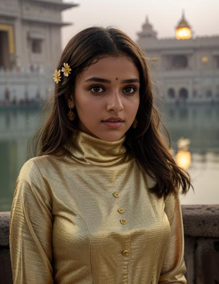 an1ksu photo of (an1ksu) girl, close portrait photo, RAW, nature, Spectacular light, Turtleneck intricate, (Colorful flowering), 8k, soft lighting, high quality, film grain, Olympus OM1 sharp focus, f 3.4, ((detailed eyes)), (seductive pose), upper body, breast, (Golden Temple india)