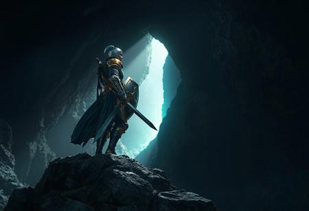 A lone knight, in detailed blue and gold armor, stands on a rocky outcrop in a dark cave-like setting. Wielding a sword and shield, the knight looks towards a hint of green light in the distance. The image features high-resolution, sharp lines, vibrant colors, and a dynamic action pose, giving a sense of ruggedness and mystery. The knight's intense gaze and the captivating lighting add to the image's vivid emotions and powerful message. This could be a frame from a fantasy video game, rendered with Octane Render or Unreal Engine 5, and could trend on art platforms like CGSociety or Artstation.