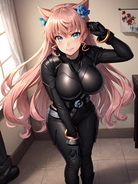 (extremely detailed CG), (best quality), perfect face, shiny skin, lustrous skin, <lora:NagoEntry-10:0.7> NagoEntry, gloves,rider belt, belt,bodysuit,armor,black gloves,handcuffs,black footwear,boots,<lora:MariaEve-10:0.7> MariaEve,hair flower,very long hair, butterfly hair ornament,blue eyes,large breast, strong pink hair,, standing, smile, indoors,