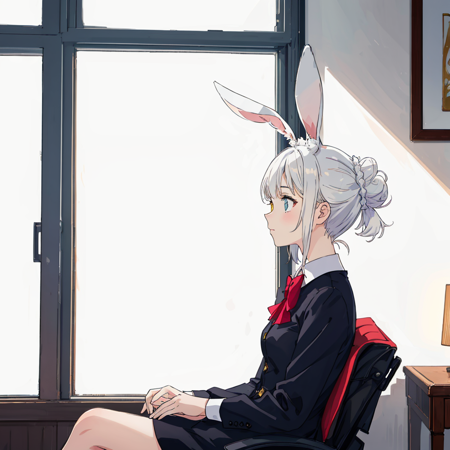 1girl, solo, room, ((masterpiece)), best quality, perfect face, (perfect anatomy), extremely detailed, rabbit girl, rabbit ears, (white ears), rabbit tail, heterochromia, narrowed hair, hair bun, short hair, magic, sitting on a chair, looking away