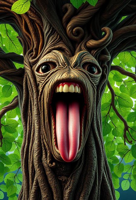"A vibrant, hyper-realistic image of a tree with a mouth, sticking out its tongue in a playful, cheeky gesture. The tree's mouth is a wide, lipless slit, with a tongue that's long and slender, covered in tiny, textured ridges. The tree's bark is rough and gnarled, with intricate, swirling patterns that seem to shift and writhe like living wood. The leaves are a vibrant, electric green, with delicate, lacy textures that seem to glow with an inner light. The overall effect is one of whimsical, surreal wonder, as if the tree has come to life and is now playing a prank on the viewer." highest-Quality, intricate details, visually stunning, Masterpiece