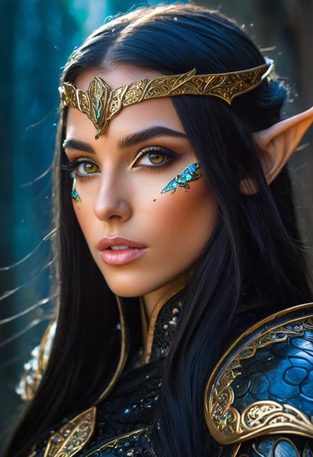 Beautiful extreme close-up portrait painting of perfect female elf warrior, shapeless long hair, perfect features, (wearing black and gold ornate elven armor), colorful glitter on the cheek, abstract beauty, near perfection, pure form, dynamic pose, ethereal background, (deep dark shadows), (strong cinematic lighting), (strong rim lighting), concept art by Greg Rutkowski and John William Waterhouse, photorealistic, high resolution, intricate details, sharp focus, high contrast, perfect composition, best quality, masterpiece, HDR, DSLR, RAW photo, 4k, 8k,  <lora:add-detail-xl:1>