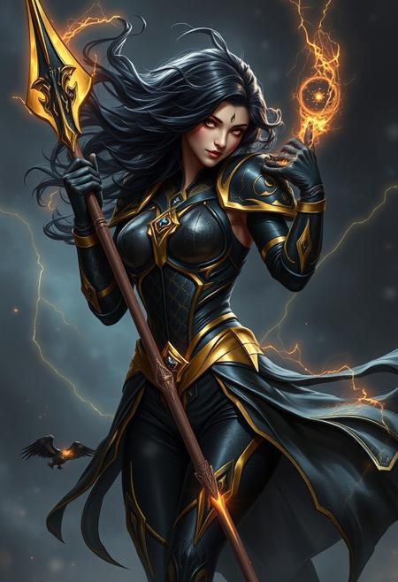 " sorce_9_up, source_8_up, source_7_up, masterpiece, ultra_res, high_res, obsidian armor forged from the darkest void, but the gold trim seems almost too inviting, accentuating her curves like a second skin. Her hair, black as midnight, crackles with dark energy, swirling like an eclipse. Every movement is calculated, graceful, but charged with dangerous energy, a deadly seduction hidden beneath the surface. Her spear, glowing with starlight, hums with power as she moves, and yet it’s her eyes, gleaming like blackened suns, that hold your attention—commanding, burning with an energy you can’t escape. The gold in her armor contrasts sharply with the dark aura surrounding her, a visual paradox that drags you deeper into her world, into a power you can’t resist. She is both the promise of destruction and the lure of the unknown, pulling you in, tempting you to step too close."