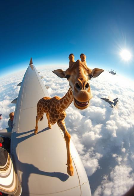 “A giraffe jogging on the wing of an Airbus, with its long legs moving in the wind, looking directly at the viewer through the window of the plane. The scene is captured with a cheap GoPro camera using a hyper fisheye lens, creating a distorted, wide-angle view. The plane is cruising high above the clouds, sunlight reflecting off its metal surface. Inside the cabin, passengers are visible through the window, clearly startled by the sight. The giraffe has a scary, creepy clown smile, its fur ruffled by the wind. Its expression is unsettling and bizarre, adding an eerie touch. In the background, an F-35 fighter jet floats among the clouds, enhancing the surreal, absurd atmosphere of the scene.”