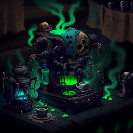 <lora:WorldofSigmarnighthaunts:1>, worldofsignighthaunts, skeletal, tattered rags, green glowing aura, coffee machine, on bar counter, tavern background, volumetric lighting,