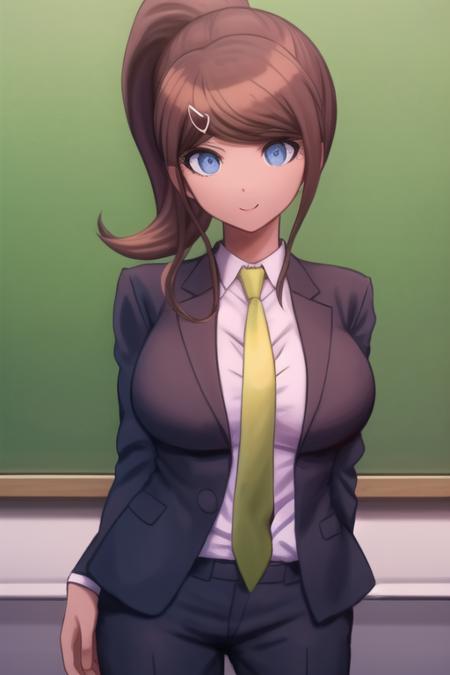 masterpiece, highres, best quality,  <lora:AoiDG:1>, 1girl, solo, breasts, looking at viewer, collarbone, large breasts, school, medium breasts, official style, closed mouth, blackboard,  blue eyes, suit, black suit, necktie, formal, green necktie, white shirt,