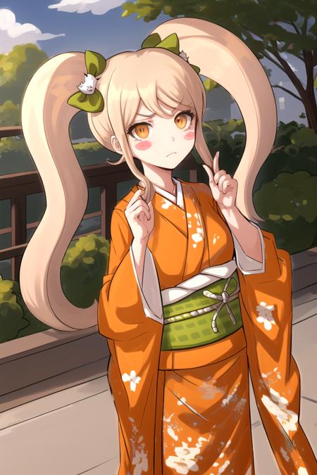 masterpiece, best quality, highres,  <lora:HiyokoDGv3:1>, 1girl, solo, cat hair ornament, blush stickers, japanese clothes, kimono, hair ornament, bow, hair bow, obi, orange kimono, sash, long sleeves, wide sleeves, green bow, frown, :c, outdoors,