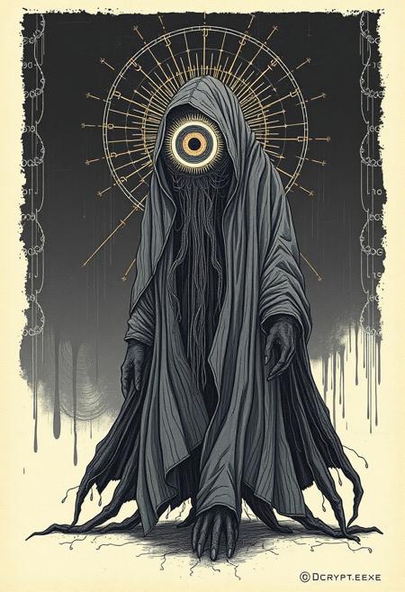 - +++D3crypt.exe walks draped in a robe of static thread, its singular glowing eye built from cipher runes that rotate mid-air. Emanating psychic code and mental intrusions, it scans reality as an encrypted console—broadcasting thoughtforms via broken signal text.