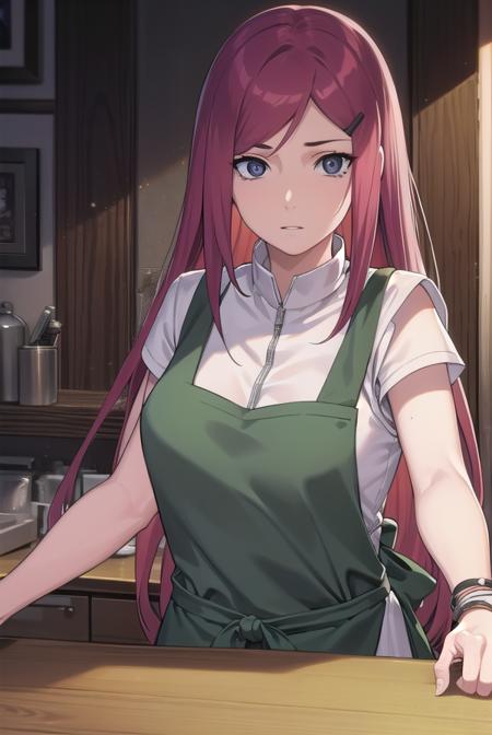 kushina, <lora:kushina-lora-nochekaiser:1>,
kushina, long hair, hair ornament, red hair, hairclip, (grey eyes:1.5),
BREAK shirt, dress, jewelry, white shirt, short sleeves, apron, bracelet, green apron, collar,
BREAK looking at viewer, upper body, full body, cowboy shot,
BREAK indoors,
BREAK <lyco:GoodHands-beta2:1>, (masterpiece:1.2), best quality, high resolution, unity 8k wallpaper, (illustration:0.8), (beautiful detailed eyes:1.6), extremely detailed face, perfect lighting, extremely detailed CG, (perfect hands, perfect anatomy),