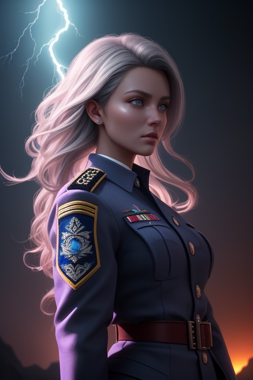 ((A photo of DMG woman)), beautiful, curvy, old, gray hair, detailed round face, ((wrinkles)), wearing a purple military u...