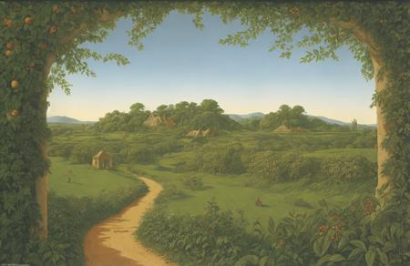 style of Roger Dean, orchard ,hacienda ,terrace ,hedgerow, Taiga ,