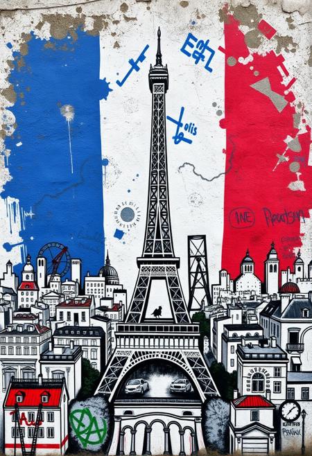 Graffiti style of the city of Paris with the Eiffle Tower in the middle and the French flag in the background, street art, mural, high quality, high resolution