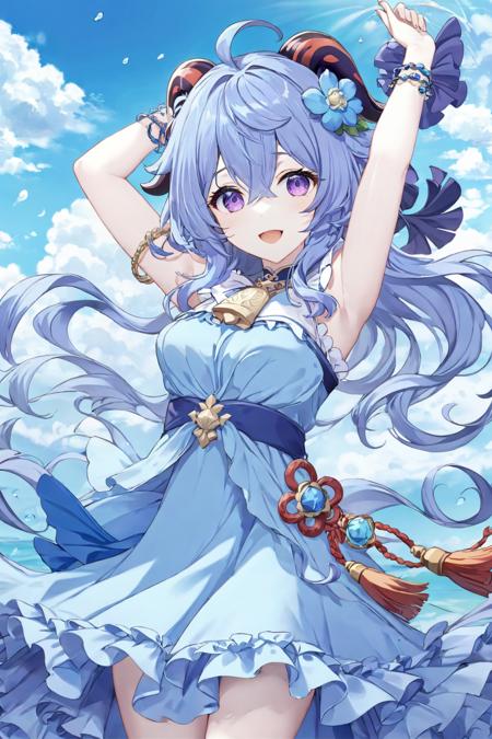 ultra-detailed,(best quality),((masterpiece)),(highres),original,extremely detailed 8K wallpaper,(an extremely delicate and beautiful),
anime,
\\,
BREAK
1girl, solo, ganyu (genshin impact), flower, dress, long hair, bangs, blue hair, horns, bell, outdoors, purple eyes, ahoge, arms up, smile, looking at viewer, bracelet, alternate costume, jewelry, open mouth, neck bell, sky, sleeveless, frilled dress, blue sky, sleeveless dress, nail polish, frills, vision (genshin impact), cloud, day, breasts, water, blue dress, sidelocks, hair between eyes, tassel, blue nails, standing, goat horns, armpits, blue flower, :d, choker, sundress
BREAK
white background,
<lora:ganyu_xl-v4:0.7>