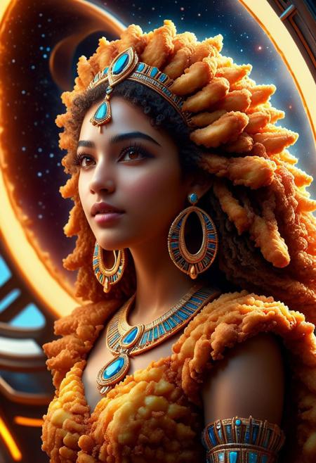 Ultrarealistic. sharp focus, dynamic lighting. play of light, Raytracing, Ultra detailed. (((DFC Style))). Young Egyptian princess inside a spaceship made of deep fried & crispy breading.