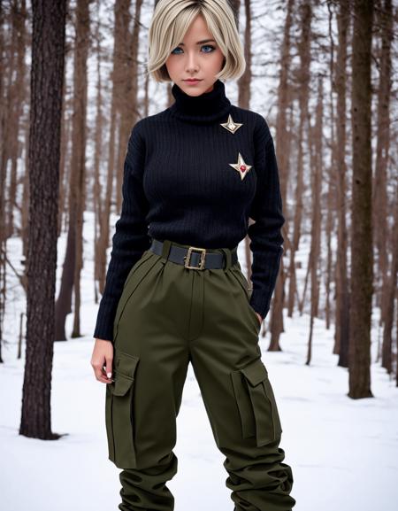 wargirls, 1girl, military uniform, turtleneck, sweater, breasts, dynamic pose, trousers, military, masterpiece, best quality, very detailed, blonde bob cut, <lora:wargirls:1>