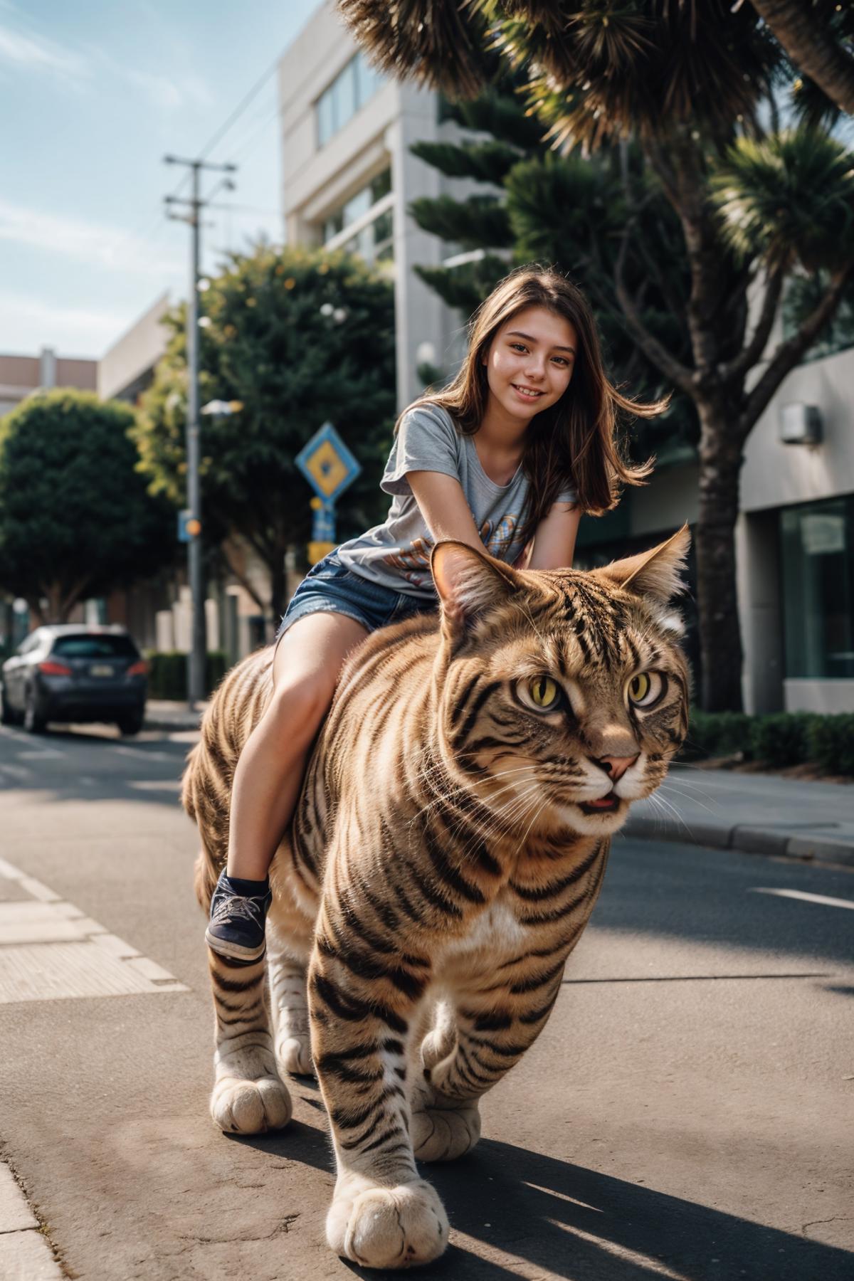 Girl Riding on the Back of a Tiger on a City Street