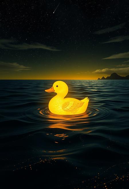 A glowing yellow duck, its feathers intricately detailed with subtle golden hues, emits a warm, ethereal light as it floats on a pitch-black sea. The water’s surface is textured with faint ripples and delicate swirls, reflecting the duck’s radiance in shimmering, fragmented patterns. Above, a vast night sky sparkles with countless stars, some clustered in faint constellations, while wisps of silvery clouds drift lazily. The horizon is a thin, shadowy line, barely discernible, dotted with distant, jagged silhouettes of rocky outcrops. The scene hums with a mystical stillness, blending the duck’s luminous charm with the sea’s dark, enigmatic depths.