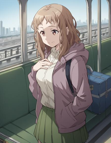 ena komiya, long hair, brown hair, brown eyes, mole, mole under mouth, medium breasts, skirt, shirt, jacket, pleated skirt, hood, hoodie, hood down, green skirt,