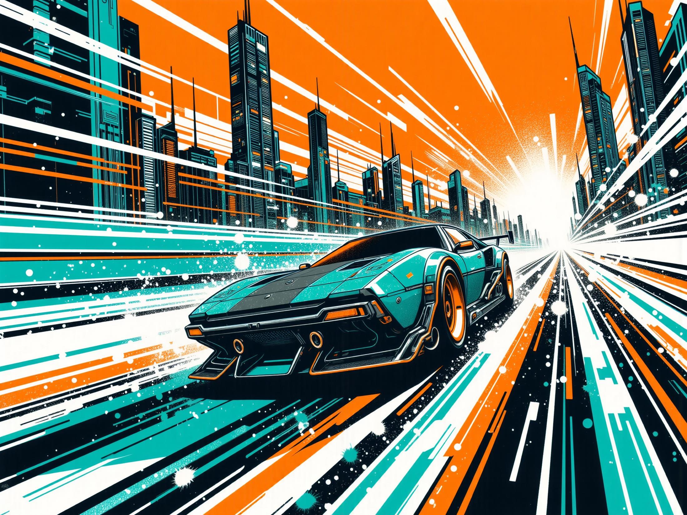 car speeding through futuristic city, mad-cbrpnksplshrt, striped background, paint splashes, outrun <lora:Neon_Cyberpunk_Splash_Art_FLUX:0.8>