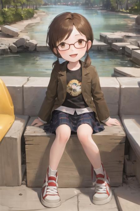 1girl, female child, margo, brown hair, brown eyes, glasses, low ponytail, sidelocks, jacket, skirt, sneakers, mountain, river, sitting, looking at viewer, :d <lora:margo:1>