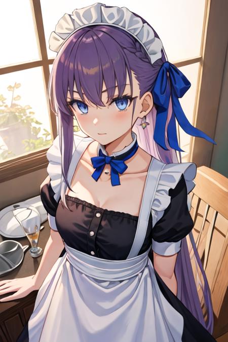 best quality, masterpiece, highres, solo, {maid:1.40}, {long maid dress:1.15}, {meltryllis_fgo:1.15}, long_hair, purple_hair, blue_eyes, bangs, ribbon, hair_ribbon, very_long_hair, breasts, blue_ribbon, small_breasts, blush, collarbone