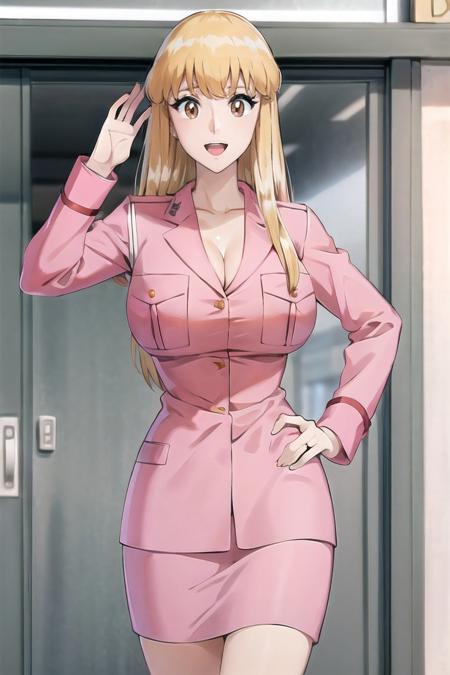 reiko_aiwaifu,blonde hair,long hair,brown eyes,large breasts,bangs,collarbone,pink uniform,uniform,cleavage,skirt,pencil skirt,long sleeves,pocket,breast pocket,formal,pink shirt,police uniform,policewoman,masterpiece,best quality,ultra detailed, 8k, 4k,highly detailed, scenery,pose,solo,
