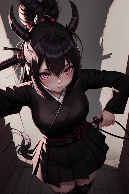 (shading eyes:1.2), epic! scene!, very thick dark demon-girl, rope, dynamic posing, (samuraipunk:1.2) ultra detailed, ultra detailed cute girl, soothing tones, darkness, masterpiece