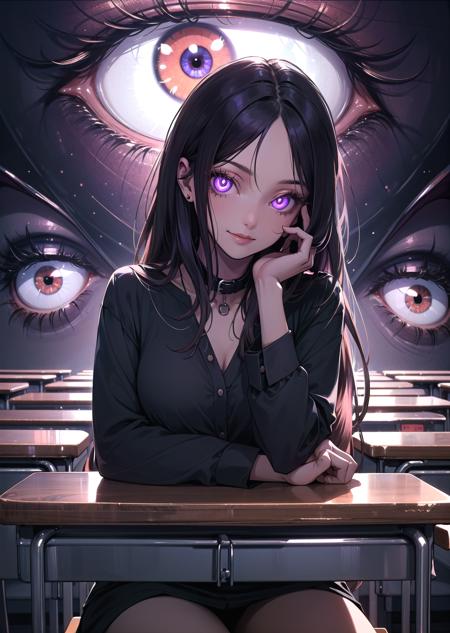 (1girl, long hair, collar, purple eyes, glowing, glowing eyes, extra eyes, horror \(theme\), happy) (digital) ( in detailed classroom, (Blouse)) , best quality, <lora:boldline:0.2>  <lora:hairdetailer:0.2>  insanevoid <lora:insanevoid2:0.8>