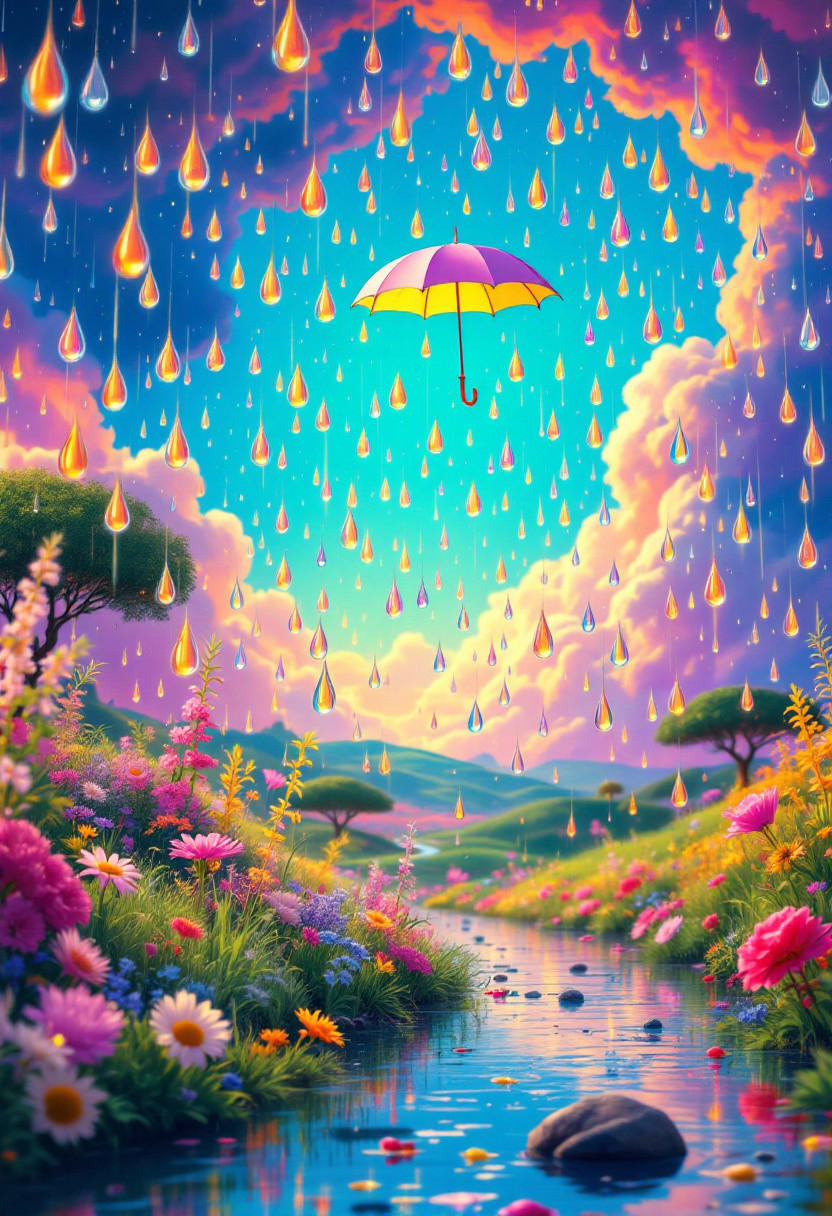 A highly detailed, cinematic scene inspired by the surrealist style of René Magritte, portraying a whimsical and uplifting rainstorm. Each raindrop appears vibrant, reflecting rich and deep colors against a bright, cheerful sky, lending an optimistic atmosphere to the composition. The background features a magical, dreamy landscape with expressive elements and a touch of the surreal—a floating umbrella or unexpected objects suspended in the rain, reminiscent of Magritte’s poetic charm. The color palette is saturated and radiant, with every detail crafted precisely for an aesthetically inspiring and immersive experience. The scene radiates a playful, pure, and almost ethereal quality, captivating with its vibrant tones and dreamlike coherence. Vivid surreal scene, whimsical rainstorm, bright sky, reflective raindrops, floating umbrella, magical elements, vibrant colors, playful atmosphere, expressive dreamscape, ethereal and cheerful. A meticulously crafted scene with cinematic flair, influenced by surrealism, showing a unique rainstorm where each drop shines with intense color, creating a lively contrast with a radiant sky. In the background, a fantasy-inspired world unfolds, complete with floating umbrellas and surreal objects dancing among the raindrops, celebrating the imaginative elegance often seen in Magritte’s work. The bold palette is rich and luminous, adding a sense of purity and playful charm.