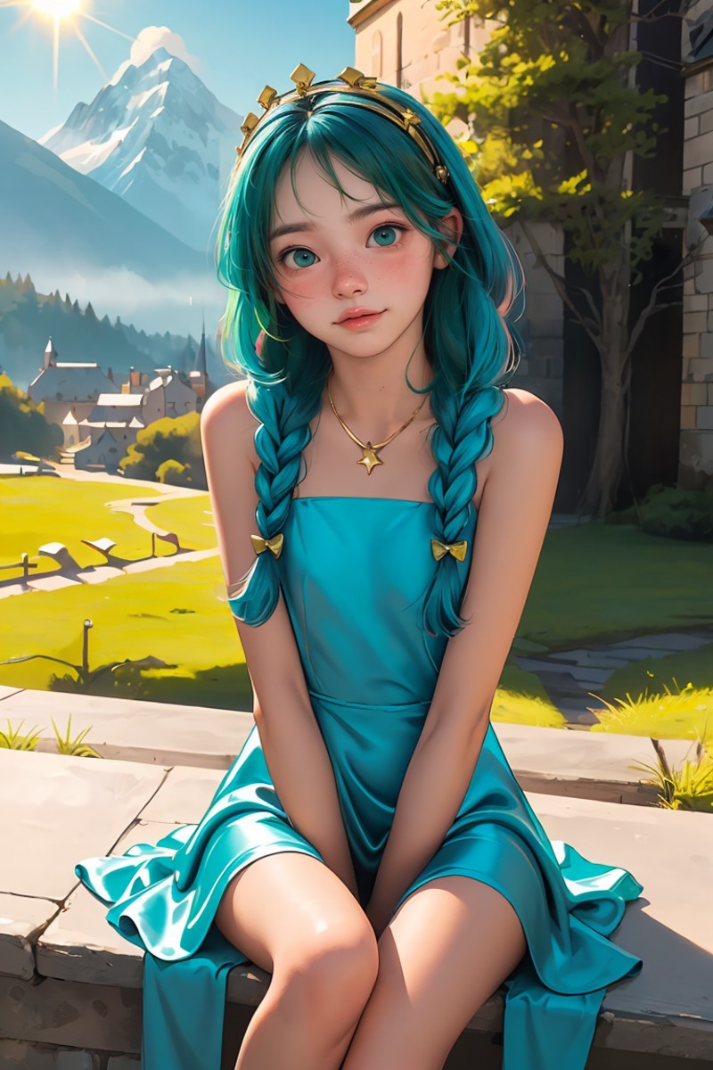 (best quality, masterpiece), 1girl, teal hair princess, smiling, shiny silk dress, castle, bright light, sun, looking at v...