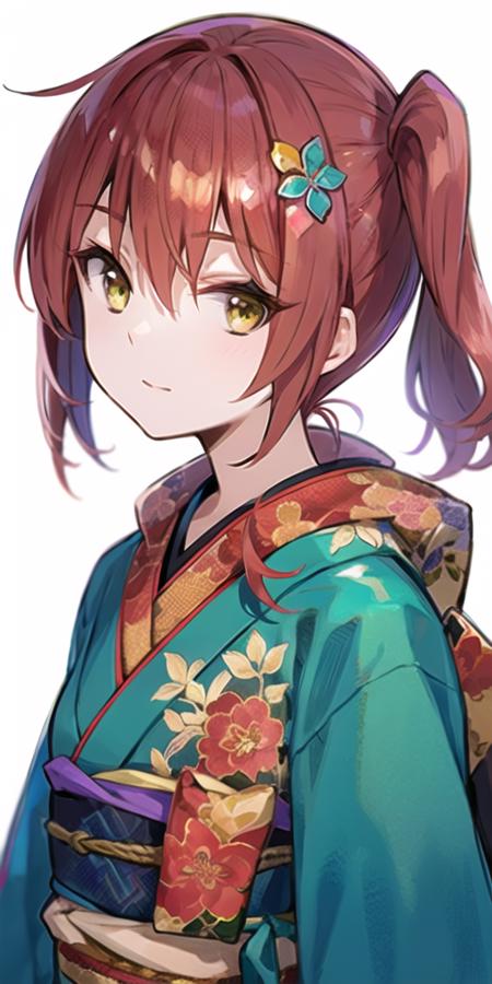 1girl,solo,kimono, red hair, yellow eyes, looking at viewer, upper body, hair flower, simple background, floral print, <lora:fuzi_loha_v1j:0.9>, <lora:kita_locon_v1a:0.5>