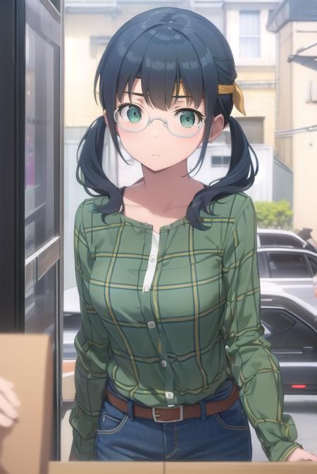 saorimakishima, <lora:saori makishima s2-lora-nochekaiser:1>,
saori makishima, twintails, blue hair, (green eyes:1.3),
BREAK shirt, glasses, belt, pants, headband, denim, jeans, plaid shirt, opaque glasses, (green shirt:1.2),
BREAK outdoors, city,
BREAK looking at viewer, (cowboy shot:1.5),
BREAK <lyco:GoodHands-beta2:1>, (masterpiece:1.2), best quality, high resolution, unity 8k wallpaper, (illustration:0.8), (beautiful detailed eyes:1.6), extremely detailed face, perfect lighting, extremely detailed CG, (perfect hands, perfect anatomy),