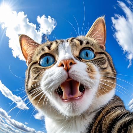 close-up cat taking a selfie, fisheye effect style, happy mood, strong facial expression, blue sky background with cirrus clouds,