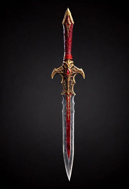2d flat view, side view, (((Antient Undead style))), Hyper-realism, HDR, detailed, intricate, side view, closeup side view, Polished red-steel Covered in Ruby-red blade with gold edges, war-dagger, highlights, epic RPG game item, mythical technology, artisan, texture, simple black background