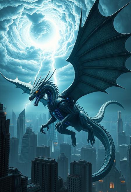 "Hyper-realistic depiction of a colossal, mechanical dragon emerging from the depths of a futuristic cityscape. The dragon's body is a mesmerizing blend of ancient and modern elements, with intricate, glowing circuits and pulsing blue veins visible beneath its metallic scales. Its wingspan stretches across the entire city, casting a shadow over the towering skyscrapers as it rises into the air. The dragon's eyes burn with an inner fire, as if fueled by a powerful artificial intelligence. In the background, a massive, swirling vortex of clouds and lightning illuminates the darkening sky, as if the very fabric of reality is being torn apart by the dragon's awakening. Style: extremely detailed, hyper-realistic, and cinematic, with a focus on capturing the epic scale and dynamic energy of the scene."