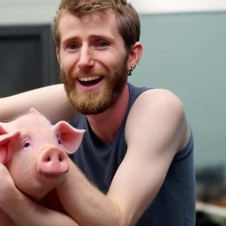 portrait of linus sebastian person holding a pig