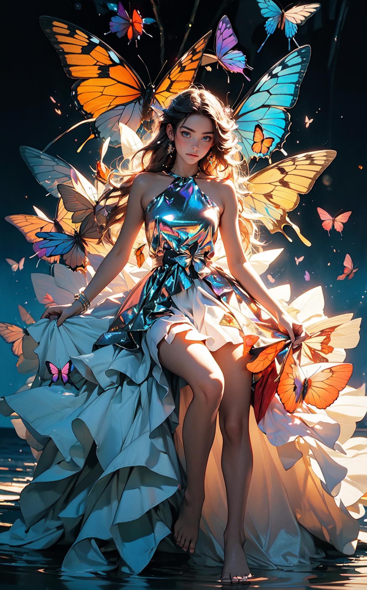 A woman wearing a silver dress with wings on her back, surrounded by butterflies.