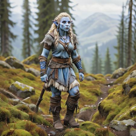 highly detailed photo of a ((female)) (firbolg):1.2 in a medieval forest,


firbolg, colored skin, blue skin, solo, blonde hair, 
standing, boots, jewelry, bracelet,

in a mountain forest,

depth of field:1.2, blurry, blurry background,
realistic:1.3,

photorealistic,
fantasy, cinematic,
32k, best quality, 
god rays:1.2,
dappled sunlight:1.1,




