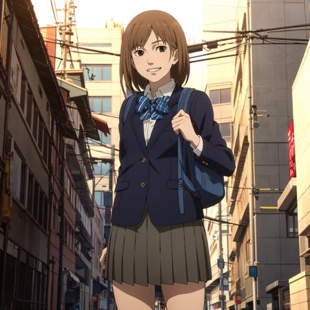 <lora:Noguchi001:0.7>,grin,
Noguchi,1girl,
brown hair,
school uniform,
blazer,collared shirt,bowtie,
pleated skirt,
backpack,city,