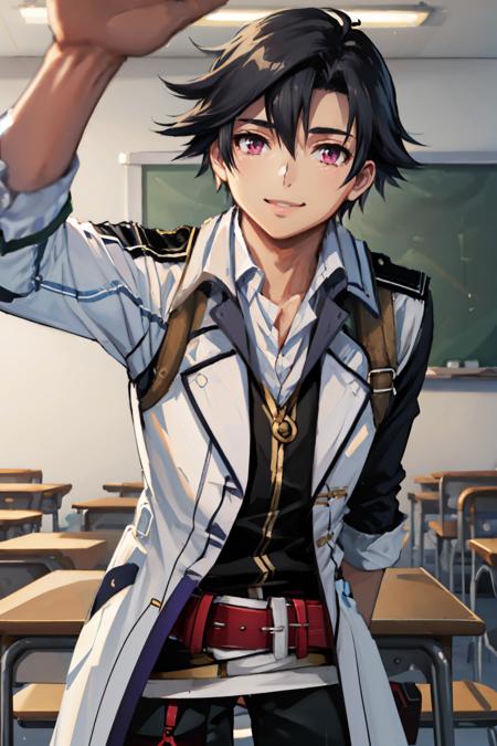 masterpiece, best quality, rean schwarzer, sen3rean, white coat, black shirt, thigh strap, red belt, black pants, smile, indoors, classroom <lora:rean-nvwls-v1-000009:1> <lora:concept_incomingheadpat-10:1> pov, incoming headpat