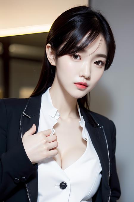 best quality,masterpiece,realistic,1girl,solo,(half body:1.4),black eyes,long black hair,(suit jacket:1.2),slender,white skin,indoor,