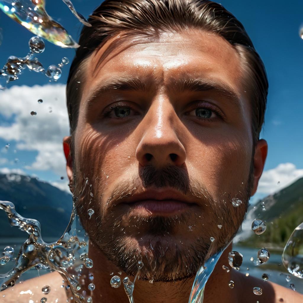 long shot scenic professional photograph of A hyperrealistic portrait of a man whose body is composed of constantly shifting liquid glass, his skin flowing and reforming into intricate, glowing patterns as it moves. His face is partially visible through the glass, but large sections are melting and reforming in real-time. His eyes are glowing orbs of liquid light, and his hair is made of flowing, molten glass that drips and reforms as it moves. Behind him, the background is a surreal, glowing landscape of flowing glass rivers and crystalline mountains, all reflecting and refracting the light in a dazzling array of colors., perfect viewpoint, highly detailed, wide-angle lens, hyper realistic, with dramatic sky, polarizing filter, natural lighting, vivid colors, everything in sharp focus, HDR, UHD, 64K