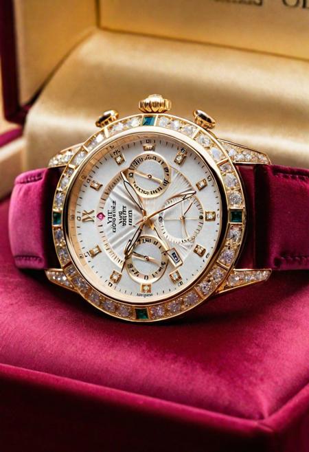Impeccable quality, elegant masterpiece, highest definition, ultra-precise, UHD craftsmanship, depth of luxury, luxury watch, resting on a velvet cushion, soft spotlight, intricate detailing, shimmering metal, adjacent, gentle ambient light, glinting face, (refined elegance light:1.2), sparkling gemstones on the bezel