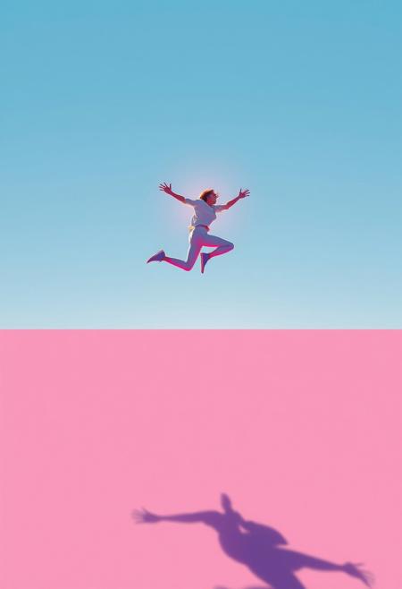 A figure mid-leap against a bright, empty sky, where their body is frozen in time, resembling one of’ motion-filled yet impossibly elegant compositions, but subtly altered by a surreal touch., whimsical illustration, geometric abstraction, architectural precision, cyberpunk neon aesthetics, vibrant color palettes, clean lines, intricate detailing, atmospheric lighting, surreal minimalism, playful yet structured composition, cinematic mood, futuristic design, expressive forms, dreamlike storytelling, dynamic contrasts