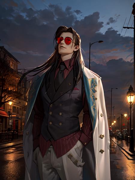 highres,masterpiece,best quality,1boy,<lora:ShadowverseIceschillendrigV3:0.75>,vest,formal,jacket,tie,(hanged:1.4),(hanging:1.3),(hang over a lamppost:1.5),crowd,far shot,cityscape,highnoon,wearing red sunglasses,(hemp robe around his neck from outside the frame:1.3),looking down,dead,outdoors