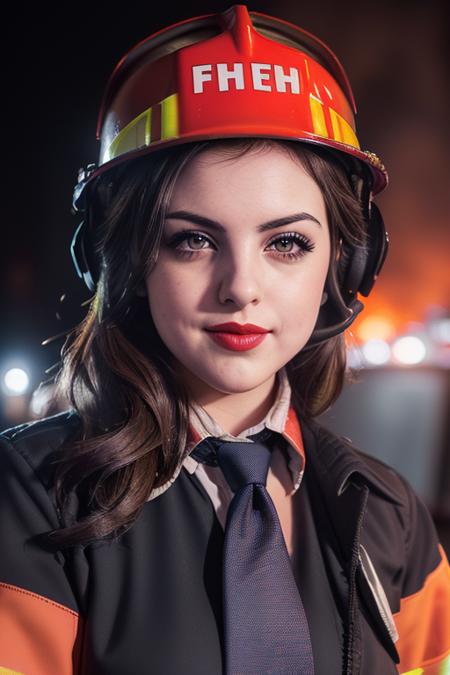 photo of a woman, lizgillies, ((necktie, shirt, firefighter helmet, firefighter jacket):1.2), ((closeup, portrait)),((outdoors, neighborhood, homes, at night, fire, explosions):1.2),smiling, ((red lipstick, eyeliner, eye shadow, blush)), ((best quality, masterpiece, extreme details, high resolution):1.2),((detailed eyes, beautiful eyes, detailed face, beautiful face):1.2)